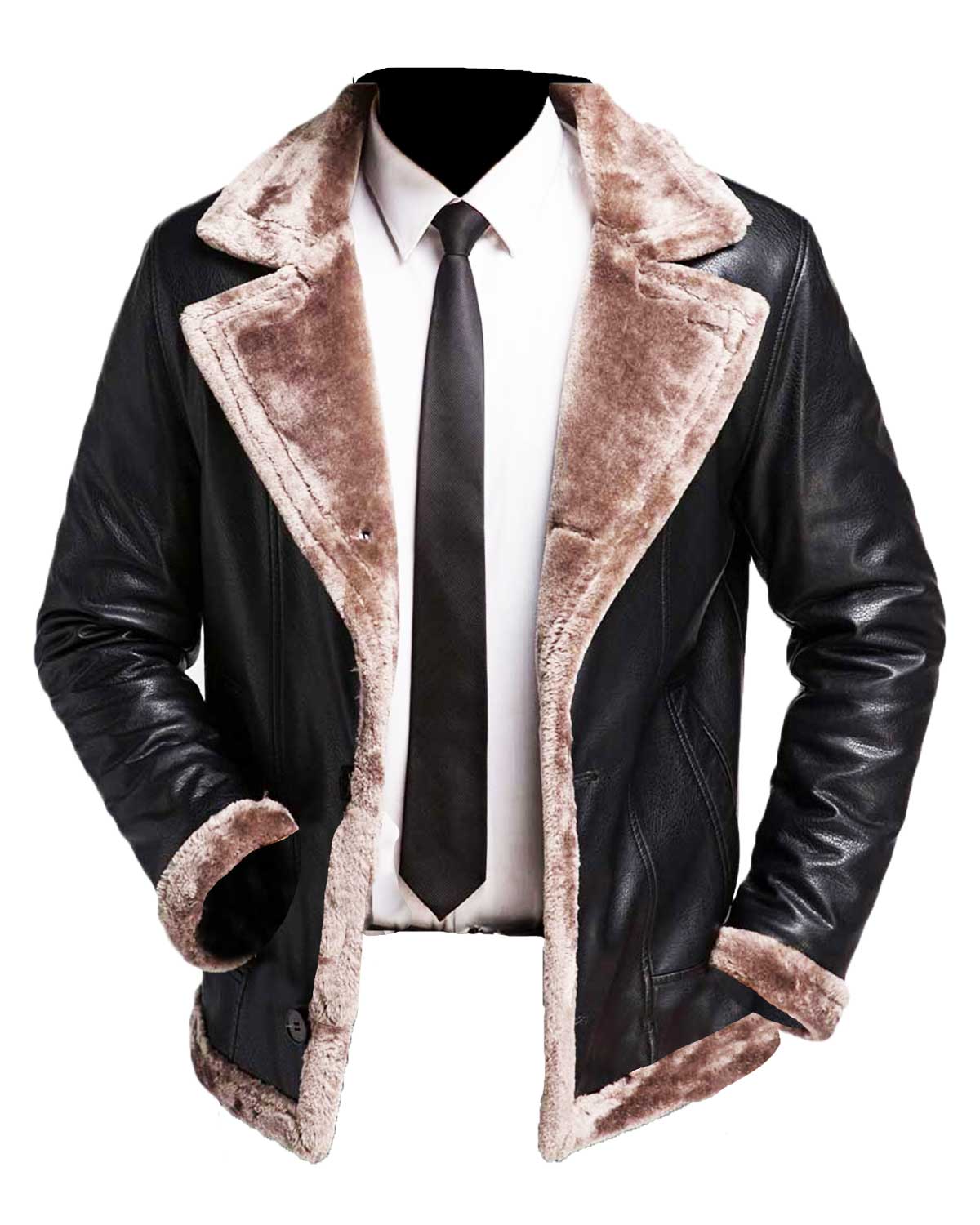Men’s Winter Faux Fur Shearling Black Leather Jacket
