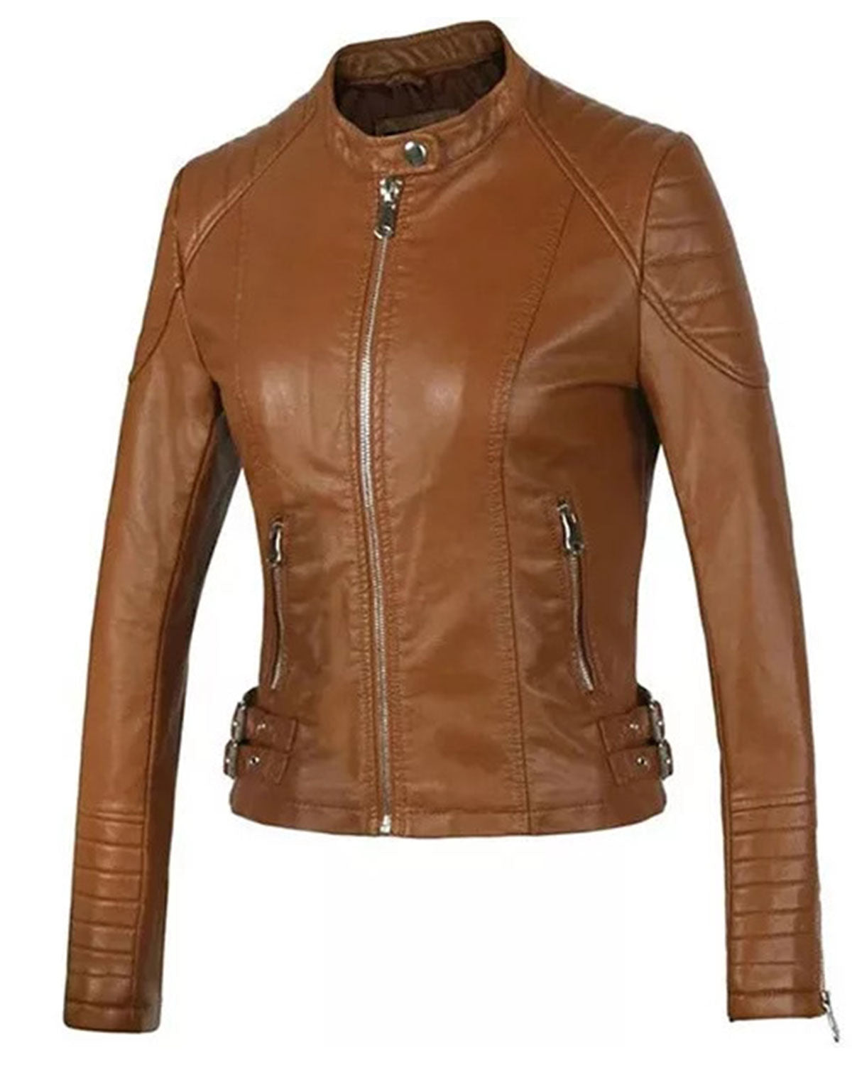 Womens Cognac Brown Cafe Racer Leather Jacket