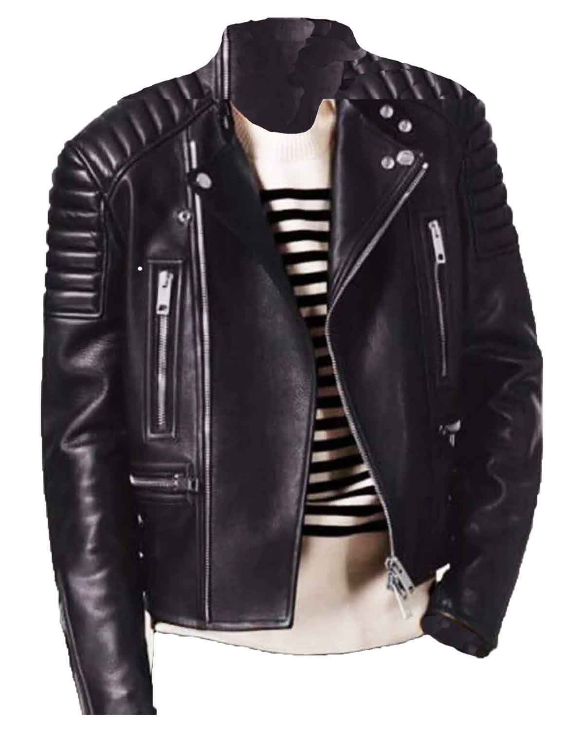 Men's Padded Shoulders Asymmetrical Black Bikers Padded Jacket