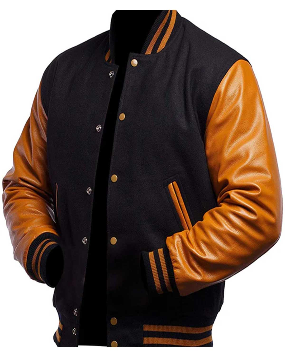 Men's Varsity Black and Gold Bomber Baseball Letterman Leather Jacket