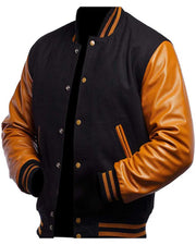 Men's Varsity Black and Gold Bomber Baseball Letterman Leather Jacket