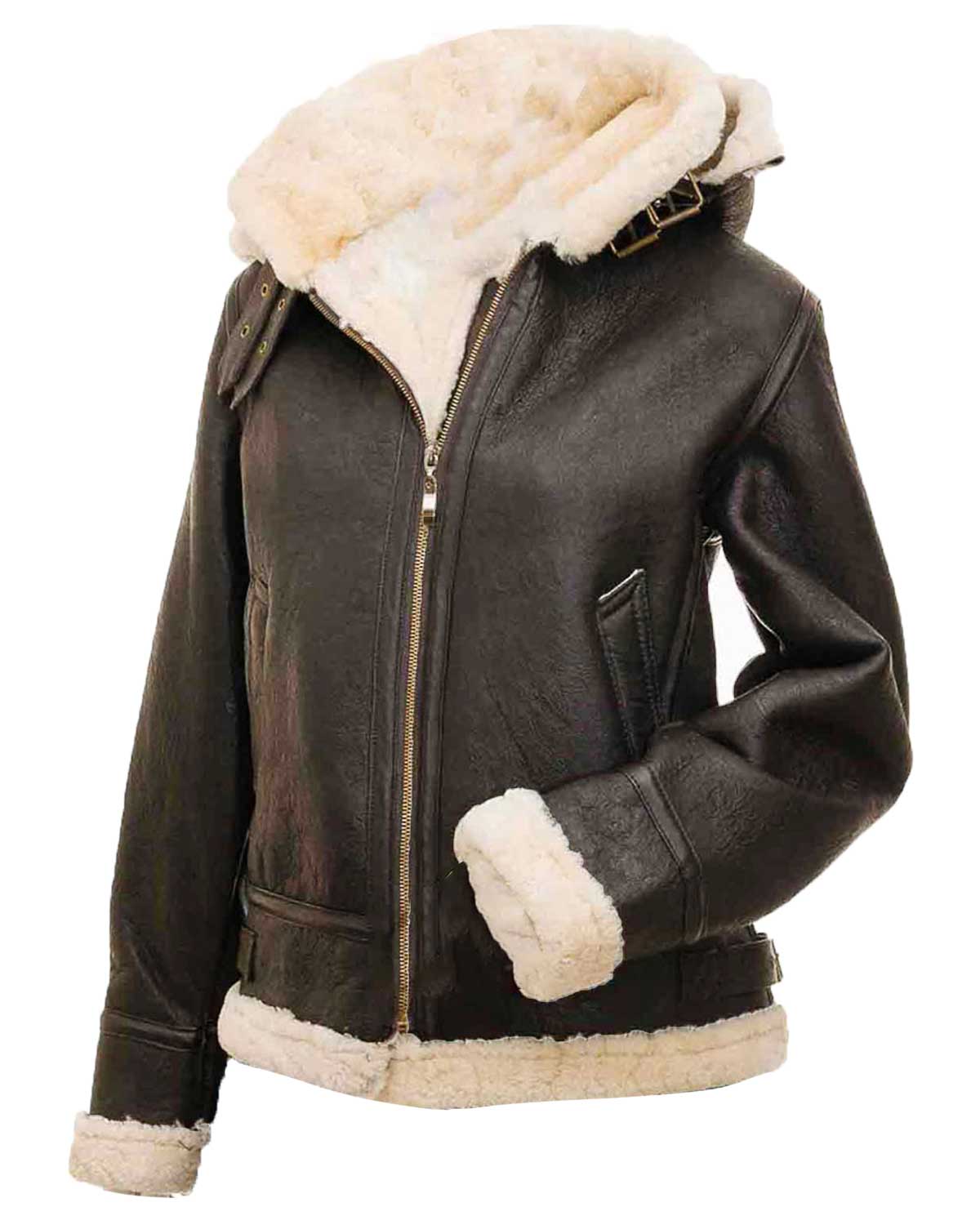 Women’s Shearling Brown Leather Bomber Jacket with Hood
