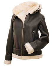 Women’s Shearling Brown Leather Bomber Jacket with Hood