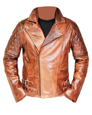 Men’s Biker Vintage Rustic Quilted Brown Leather Jacket