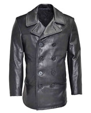 Men’s Naval Double Breasted Black Leather Coat