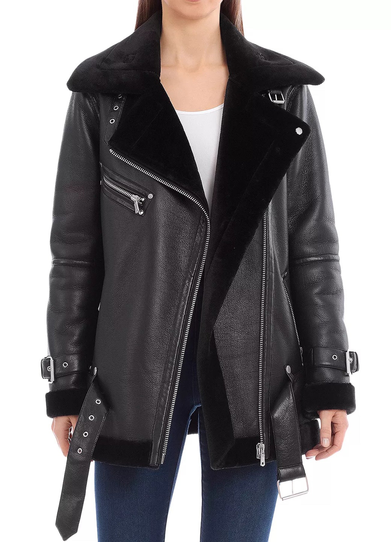 Womens Shine Black Shearling Leather Jacket