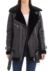 Womens Shine Black Shearling Leather Jacket