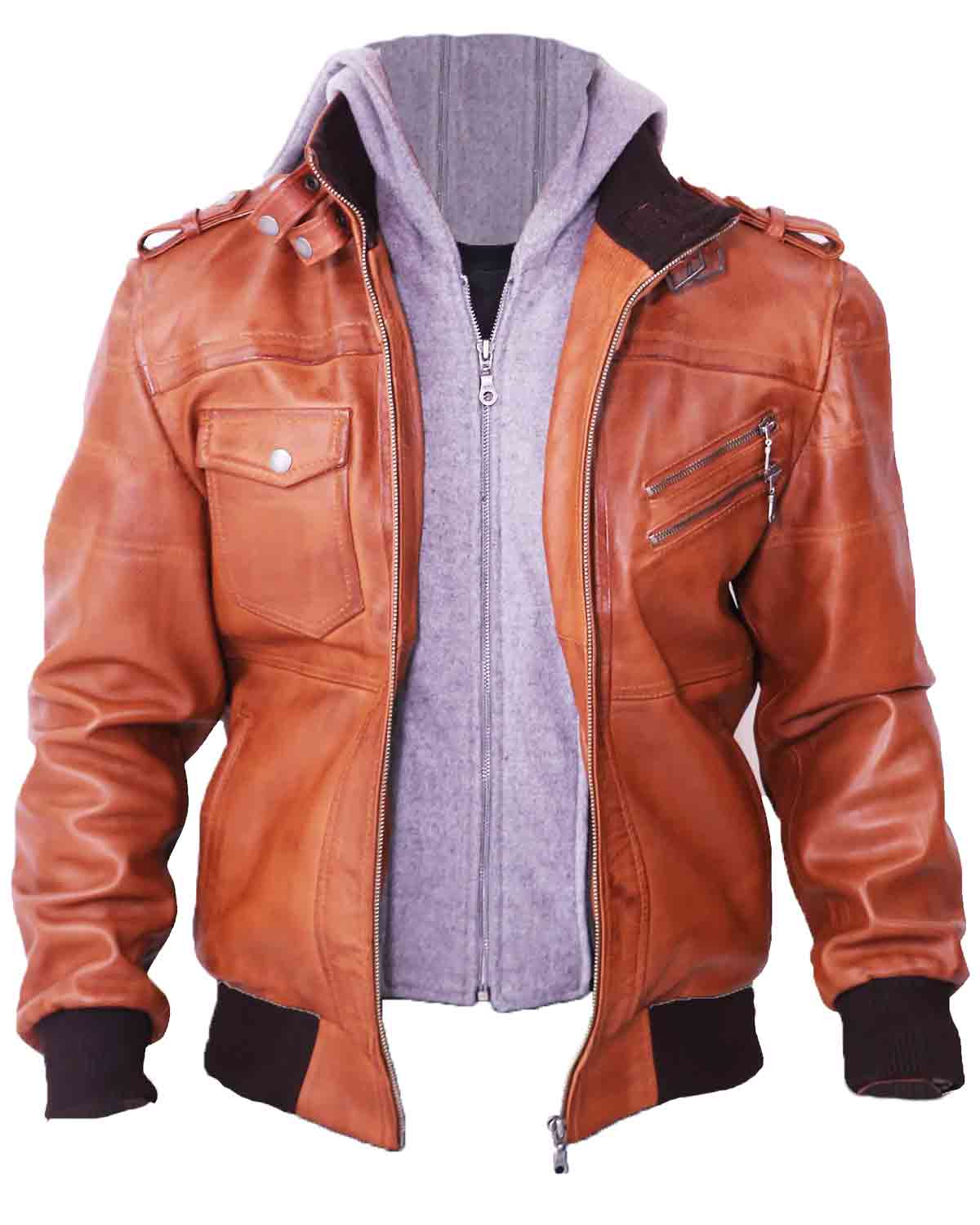 Men's Grey Removable Hood Brown Leather Jacket