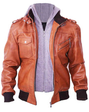 Men's Grey Removable Hood Brown Leather Jacket