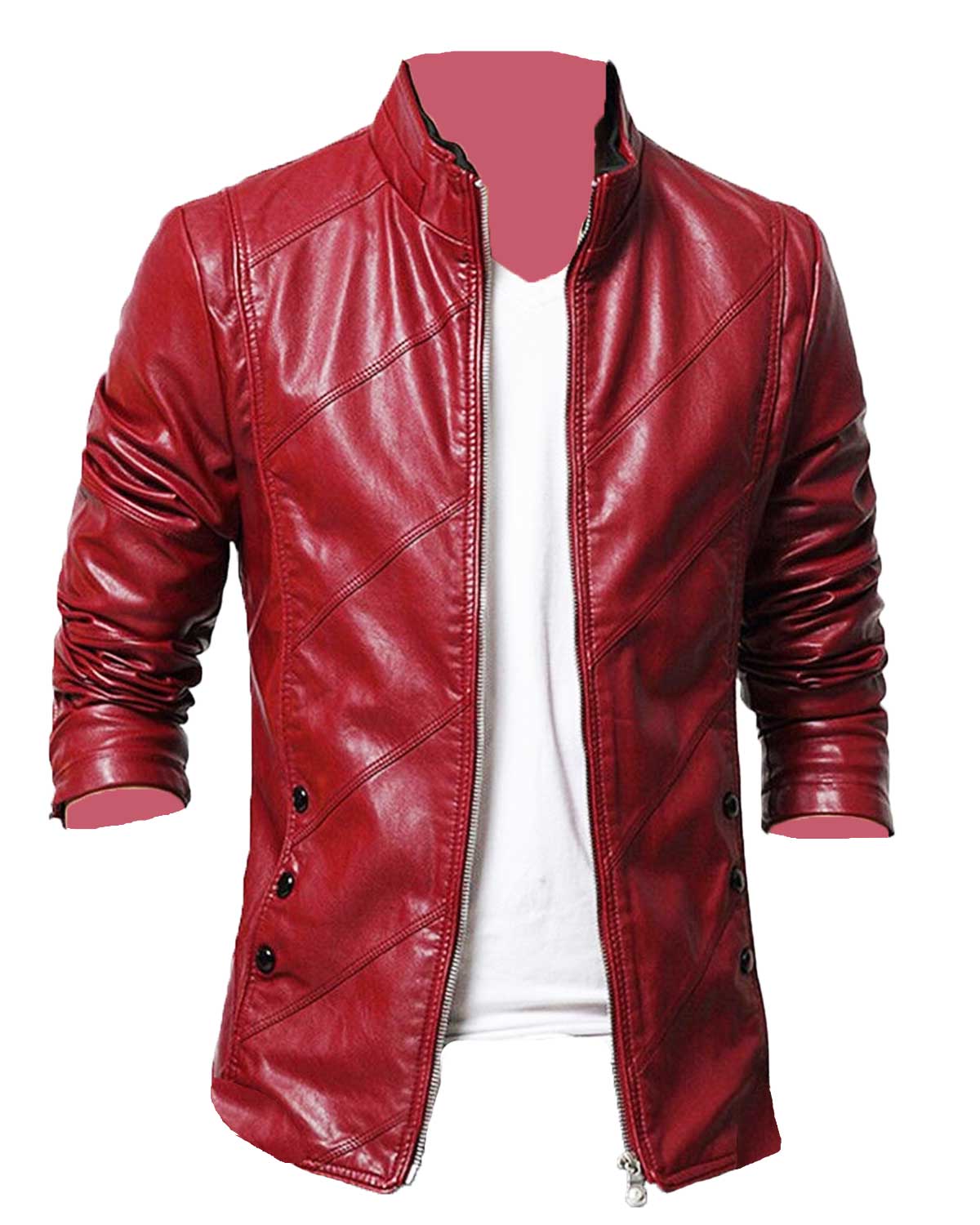 Men's Slim Fit Causal Wear Red Faux Leather Jacket