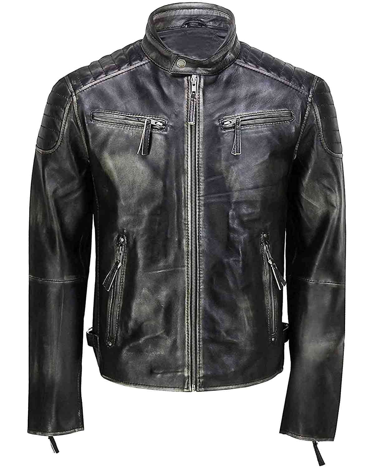 Men's Black Distressed Cafe Racer Leather Jacket