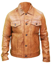 Men's Camel Brown Trucker Leather Jacket