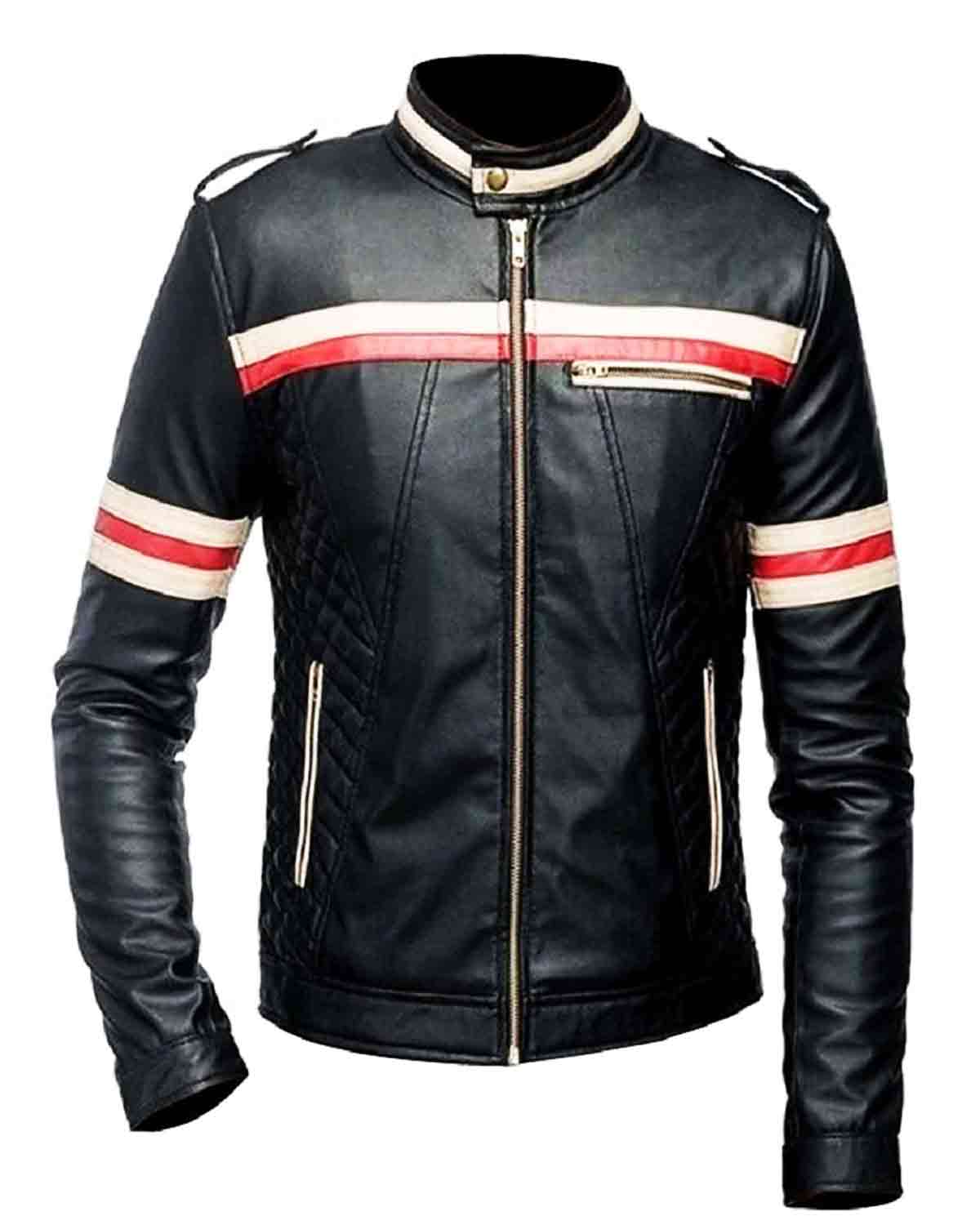 Men's Leather Jacket with Red and Beige Stripes