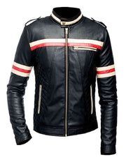 Men's Leather Jacket with Red and Beige Stripes