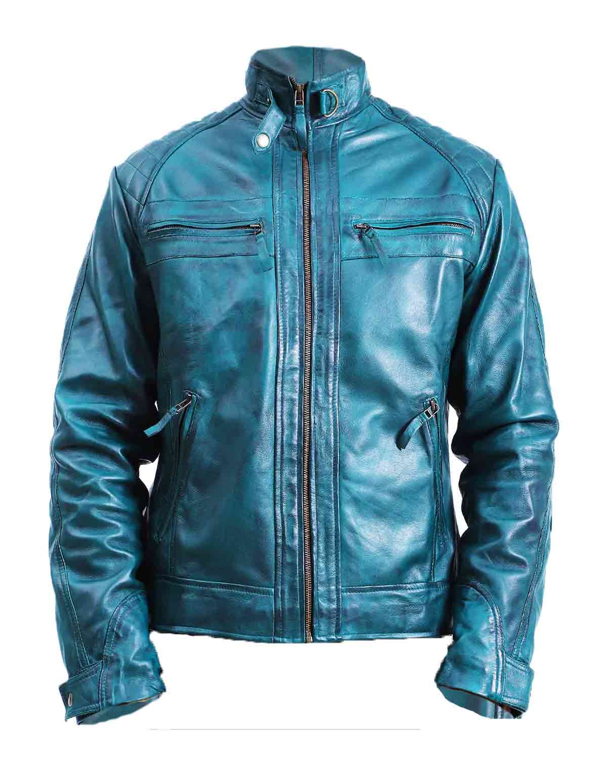Mens Quilted Green Cafe Racer Leather Jacket