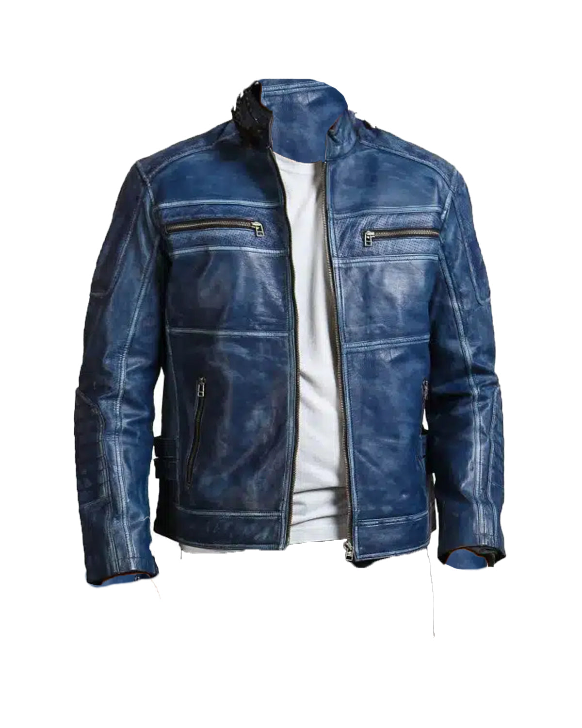 Blue Cafe Racer Mens Vintage Biker Leather Jacket