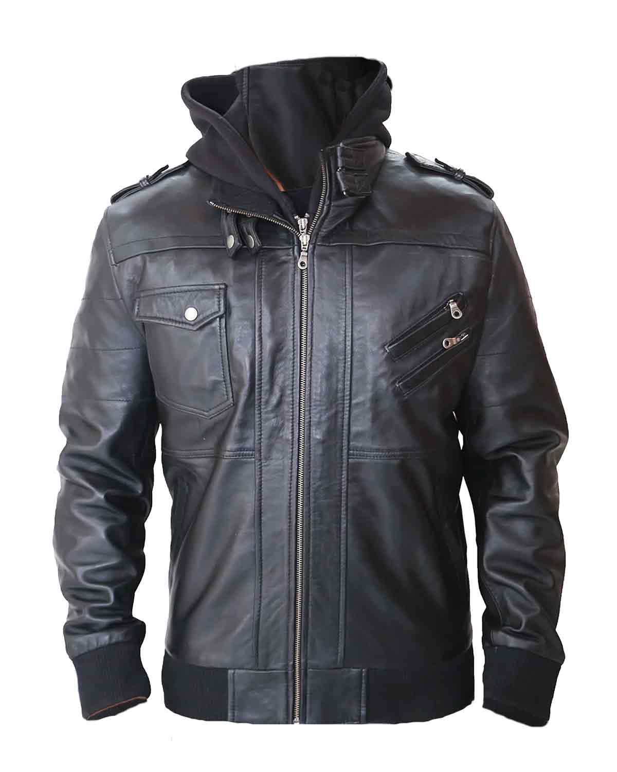 Men's Removable Hood Leather Jacket
