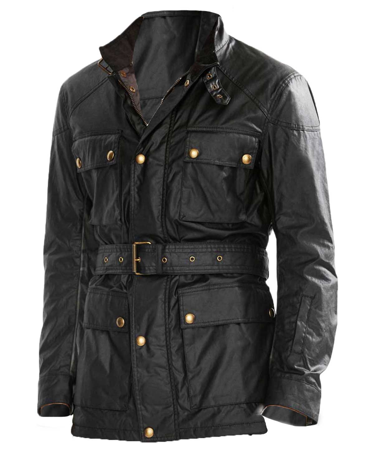 Men’s Four Pocket Belted Black Leather Jacket