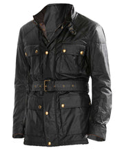 Men’s Four Pocket Belted Black Leather Jacket