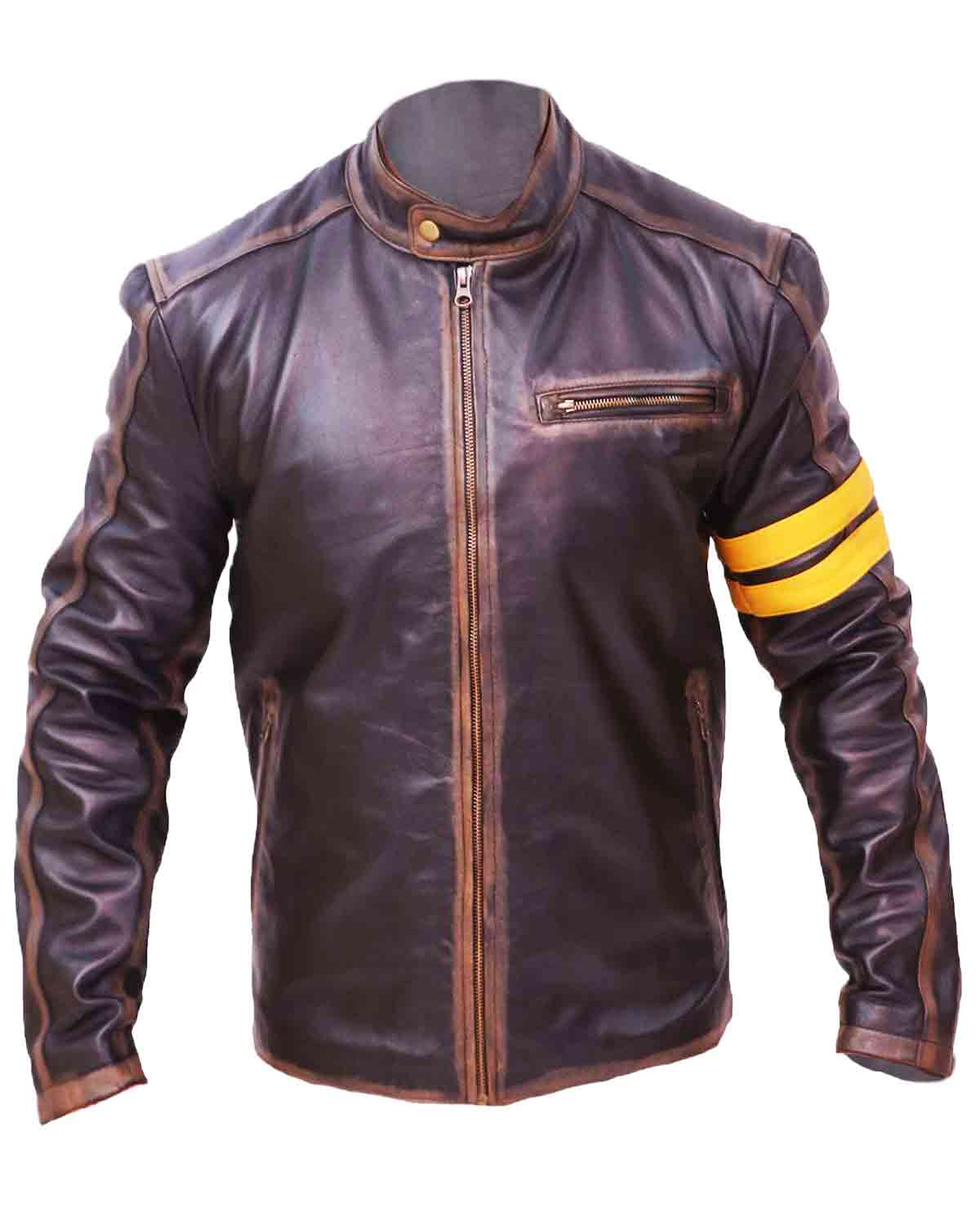 Men's Black Cafe Racer Leather Jacket With Yellow Strip
