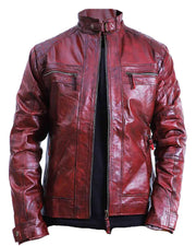 Men's Quilted Maroon Cafe Racer Leather Jacket