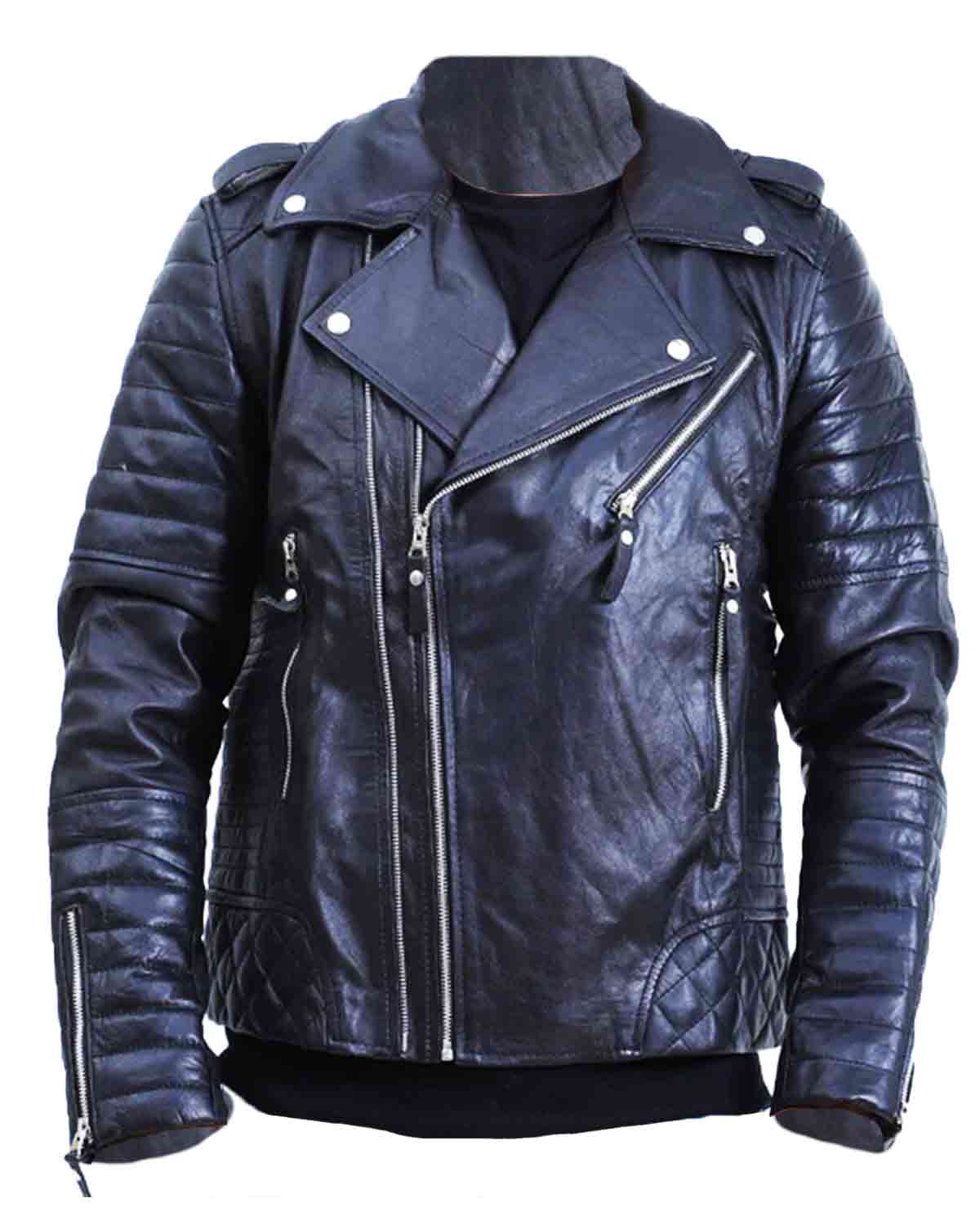 Mens Biker Quilted Lambskin Black Leather Jacket
