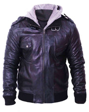 Men's Grey Removable Hood Black Leather Jacket