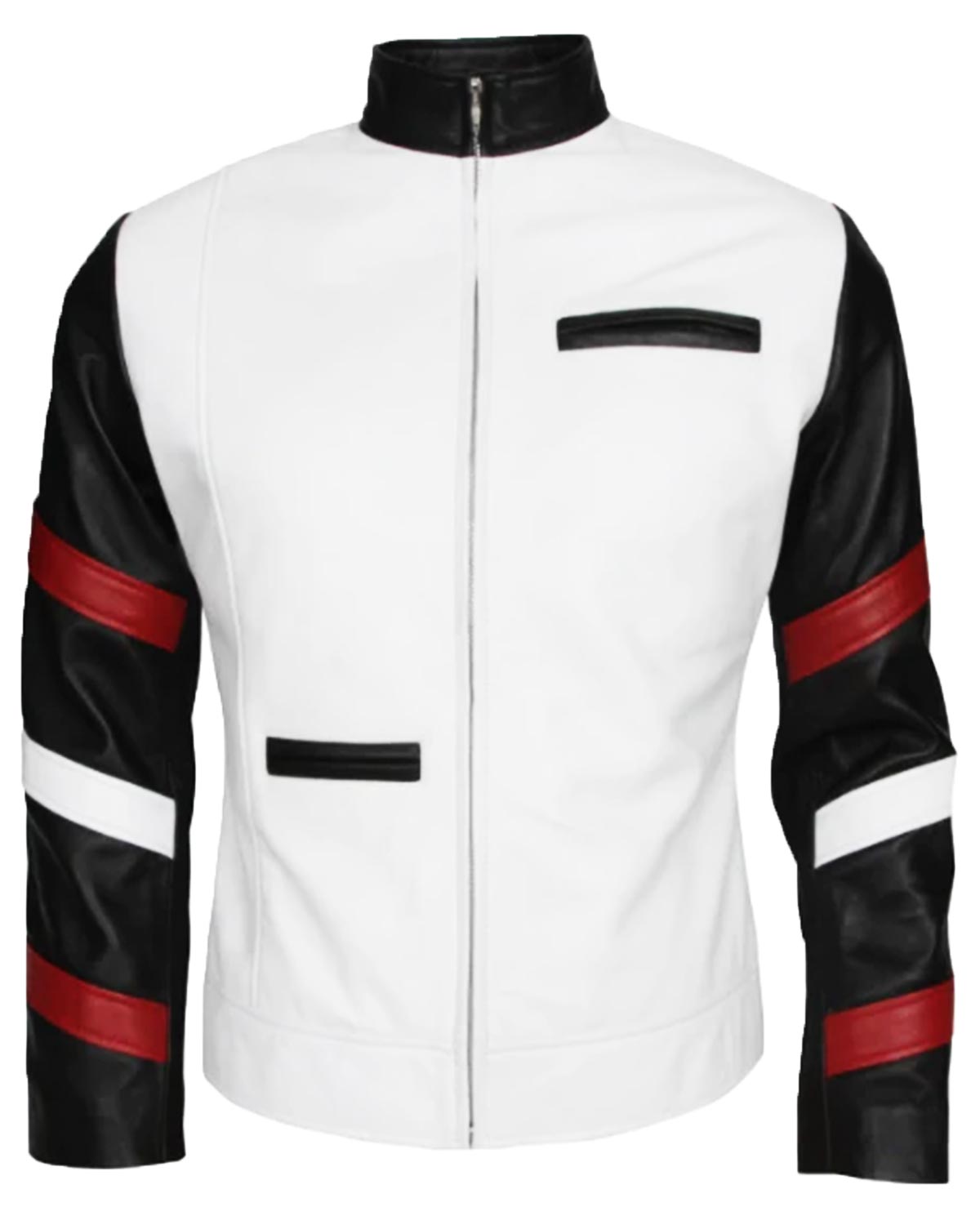 Men's Vintage White Leather Jacket With Stripes