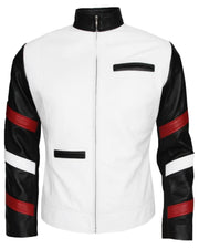 Men's Vintage White Leather Jacket With Stripes