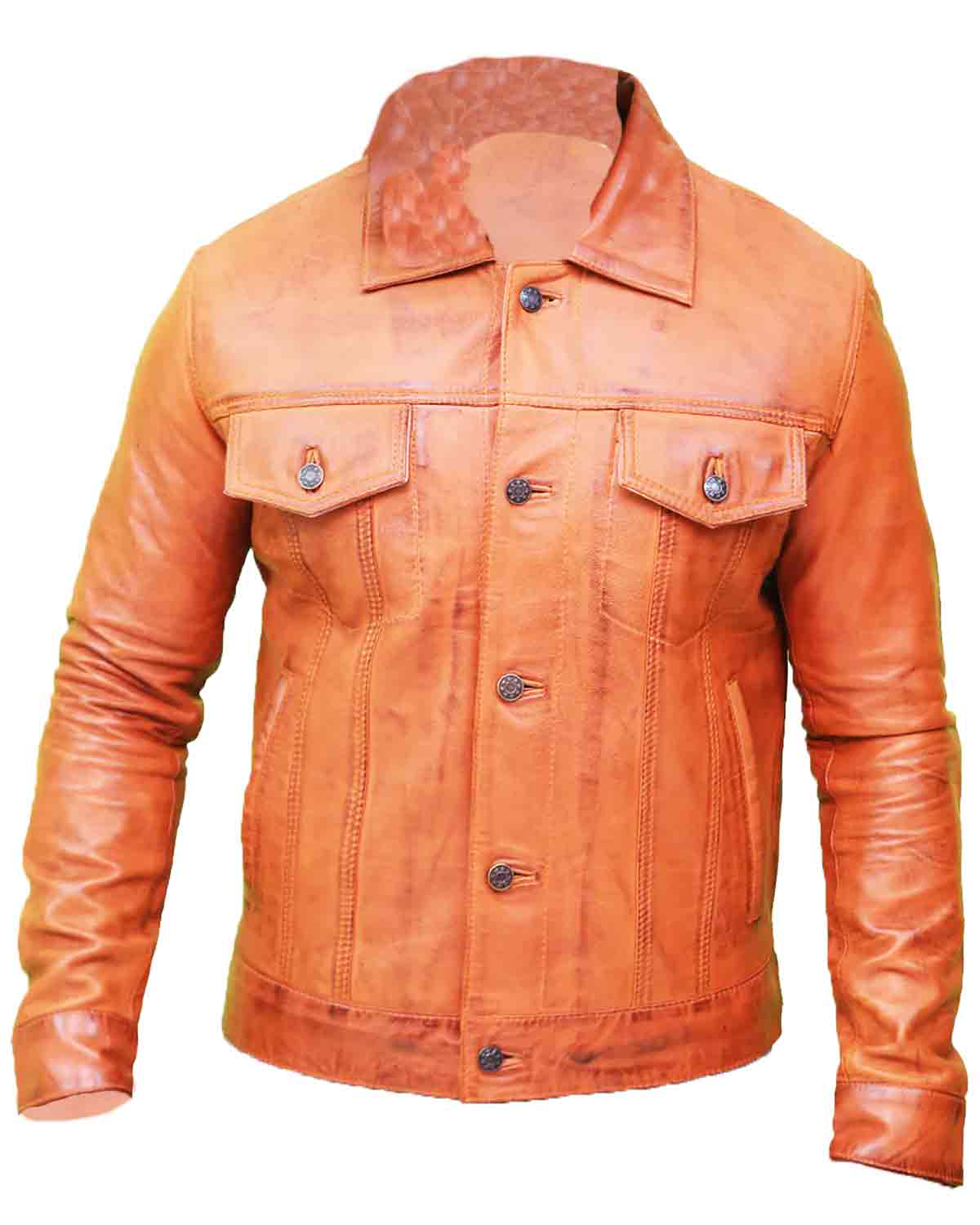 Men's Light Brown Real Leather Trucker Jacket