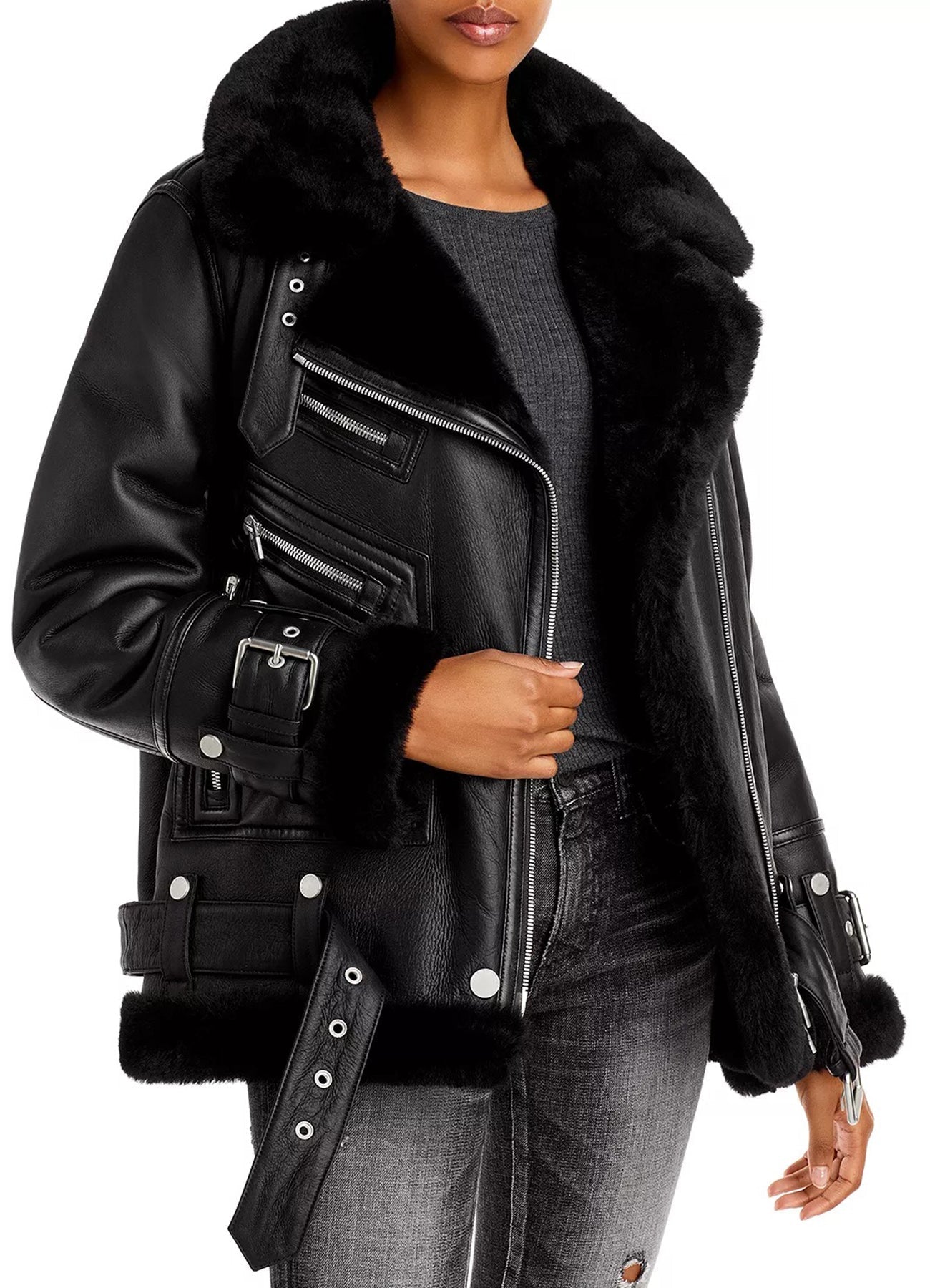 Womens Jet Black Shearling Leather Jacket