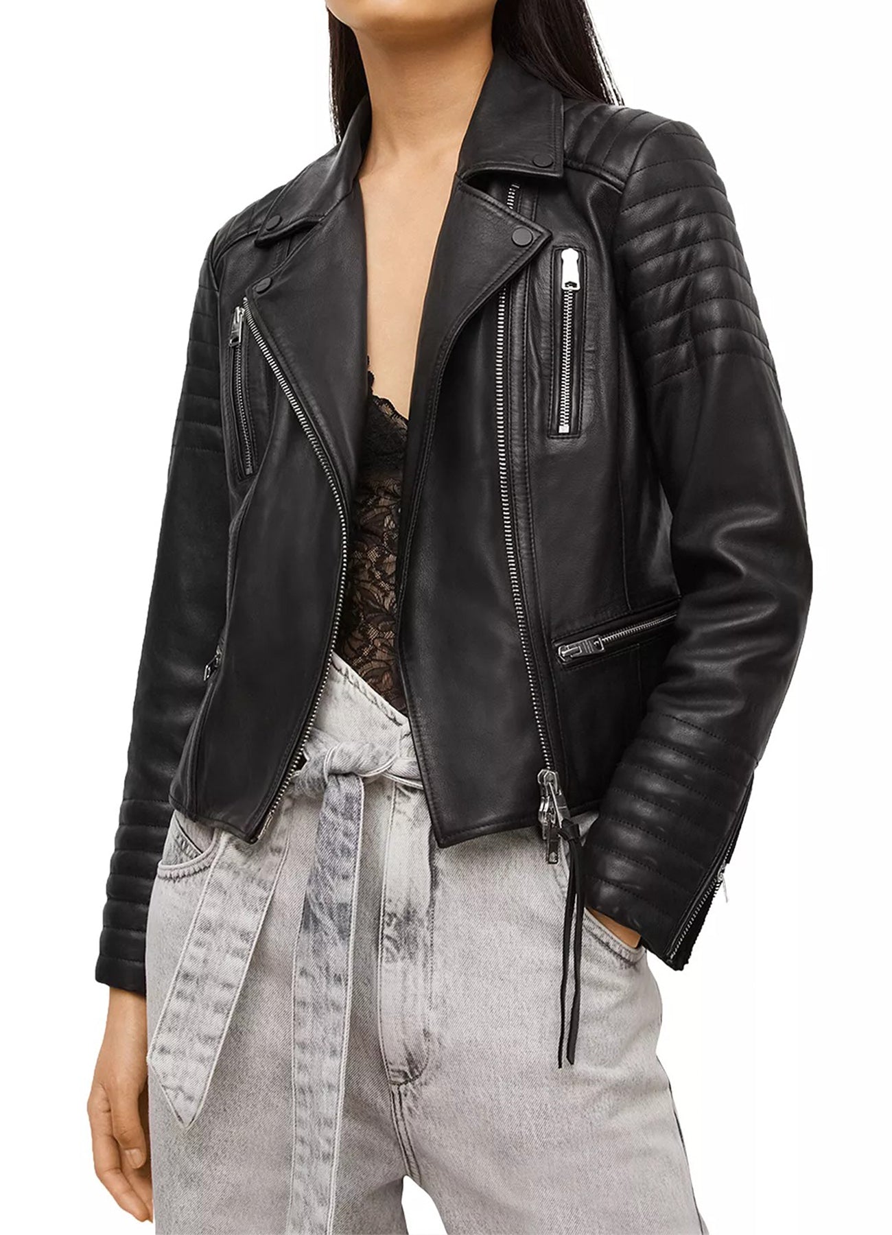 Womens Quilted Sleeves Black Biker Leather Jacket