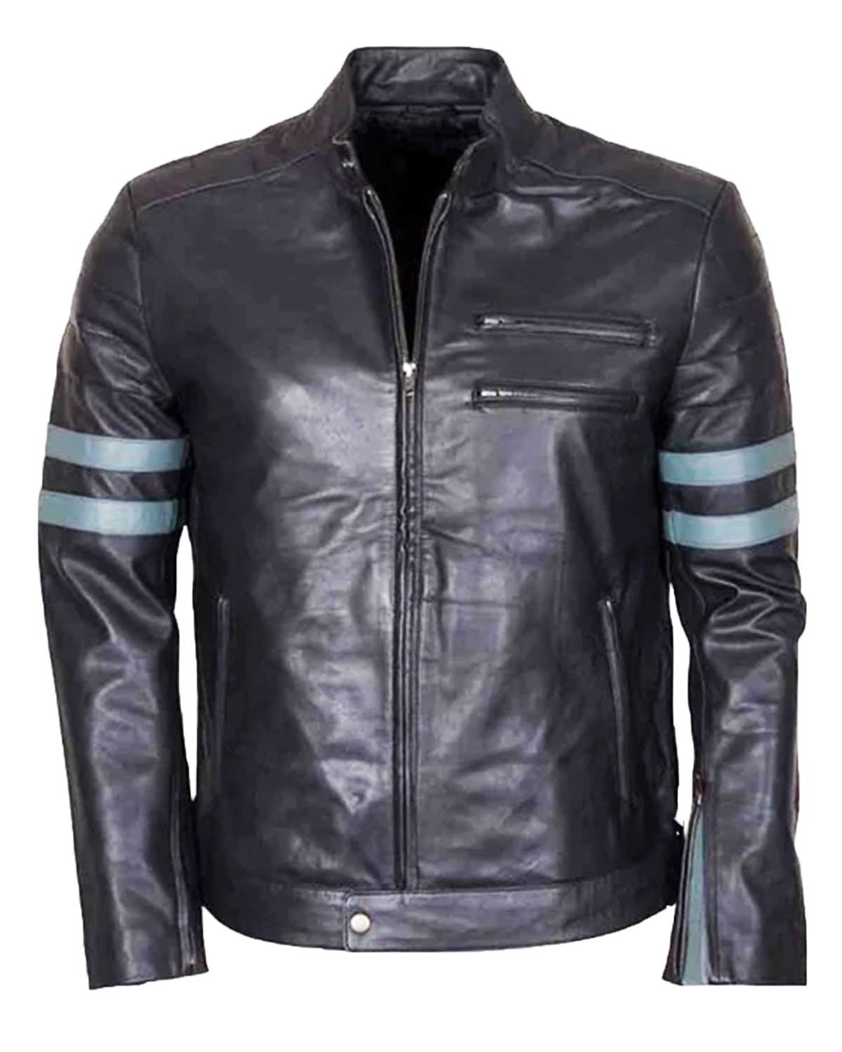 Men's Blue Stripe Mayhem Retro Black Biker Leather Jacket