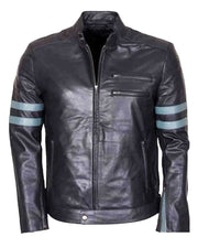 Men's Blue Stripe Mayhem Retro Black Biker Leather Jacket