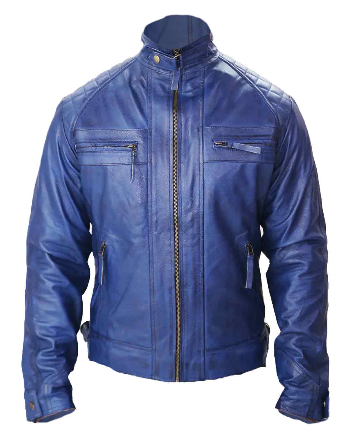 Men's Blue Biker Fashion Slim Fit Pure Leather Jacket