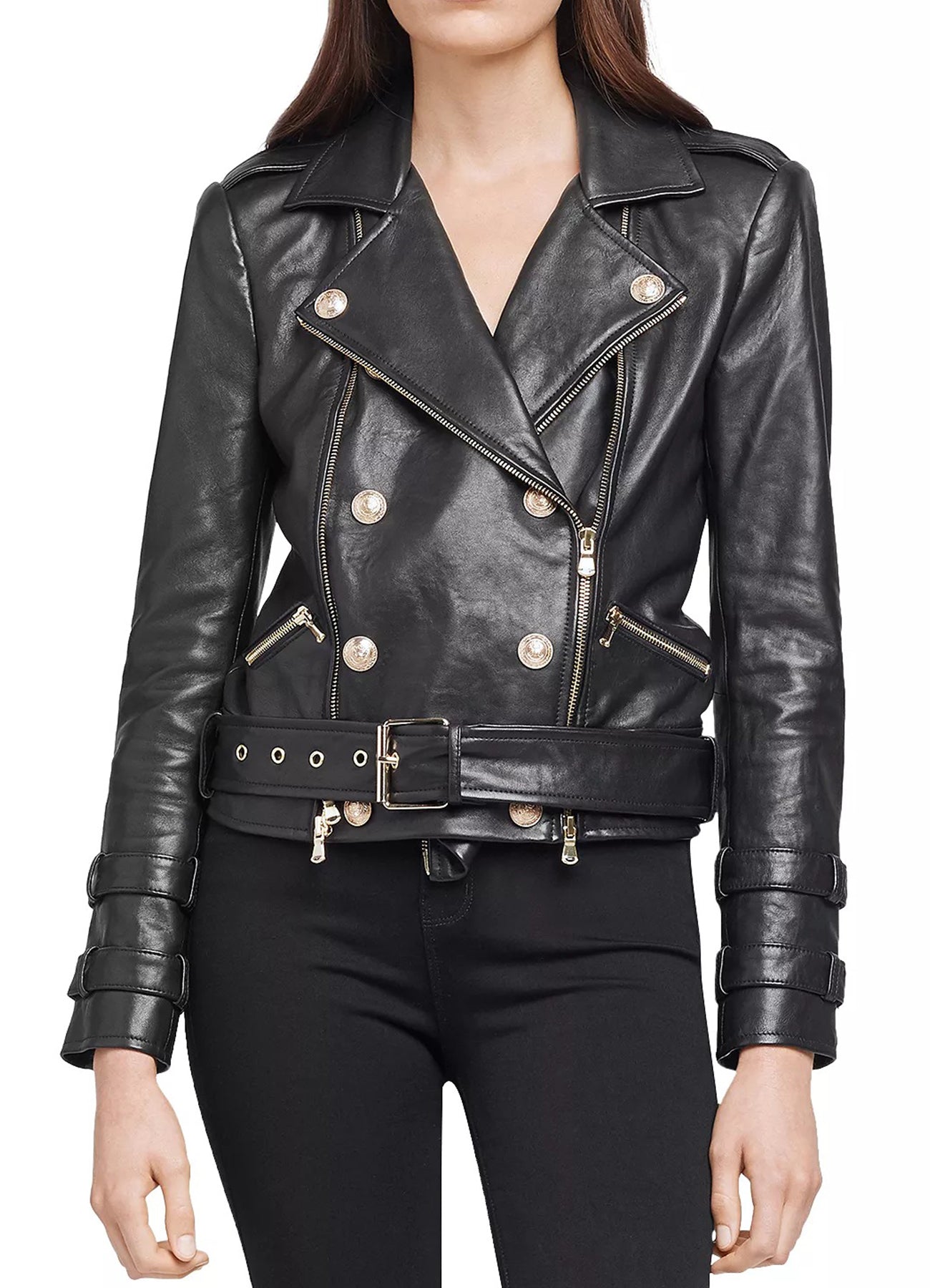 Womens Black Double Breasted Biker Leather Jacket