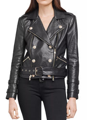 Womens Black Double Breasted Biker Leather Jacket
