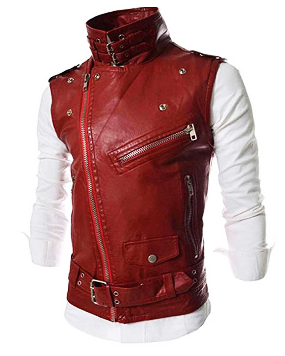 Men’s Asymmetrical Slim Fit Motorcycle Red Leather Vest