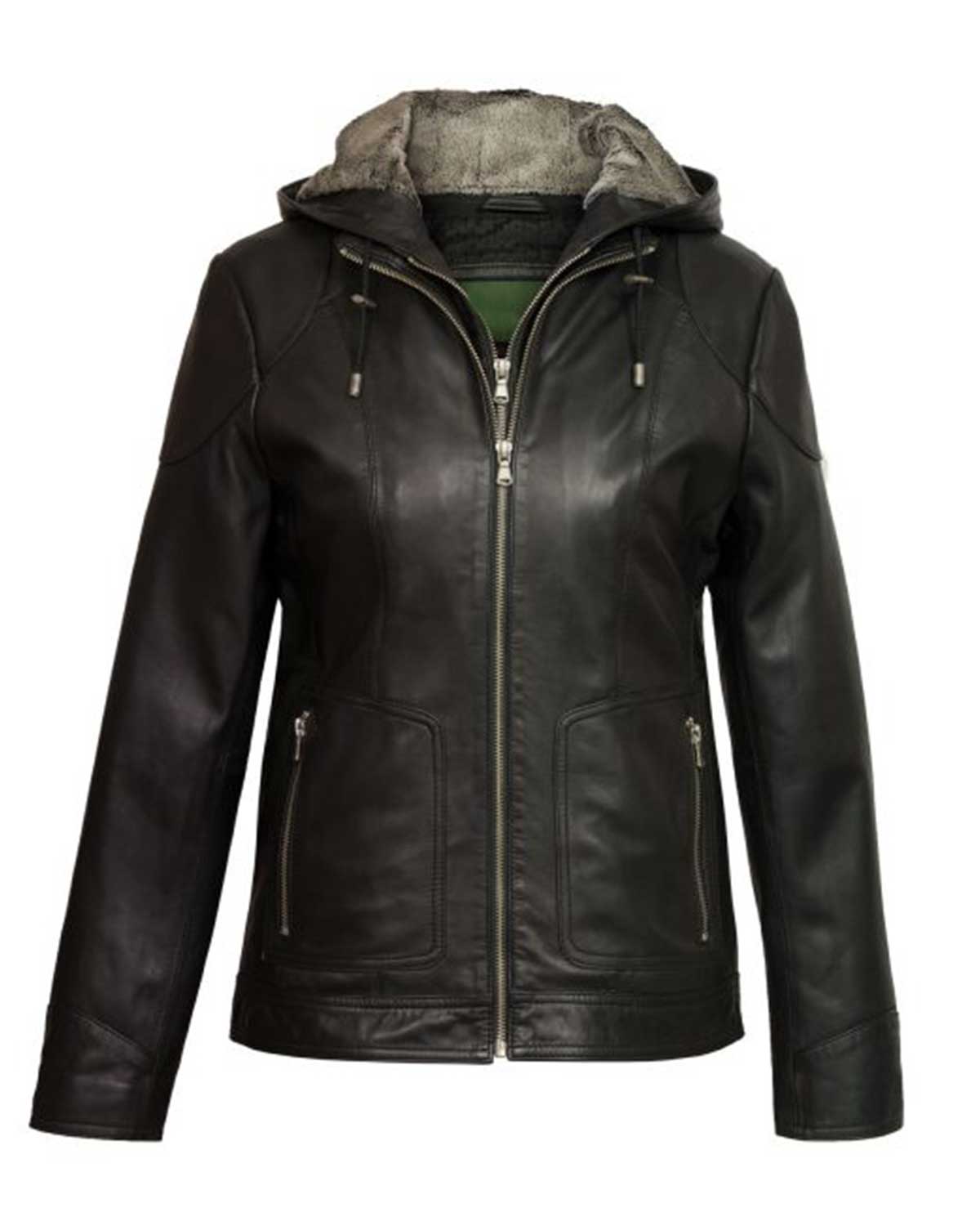 Women’s Black Hooded Leather Jacket