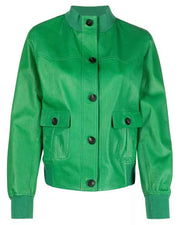 Womens Buttoned Green Leather Jacket