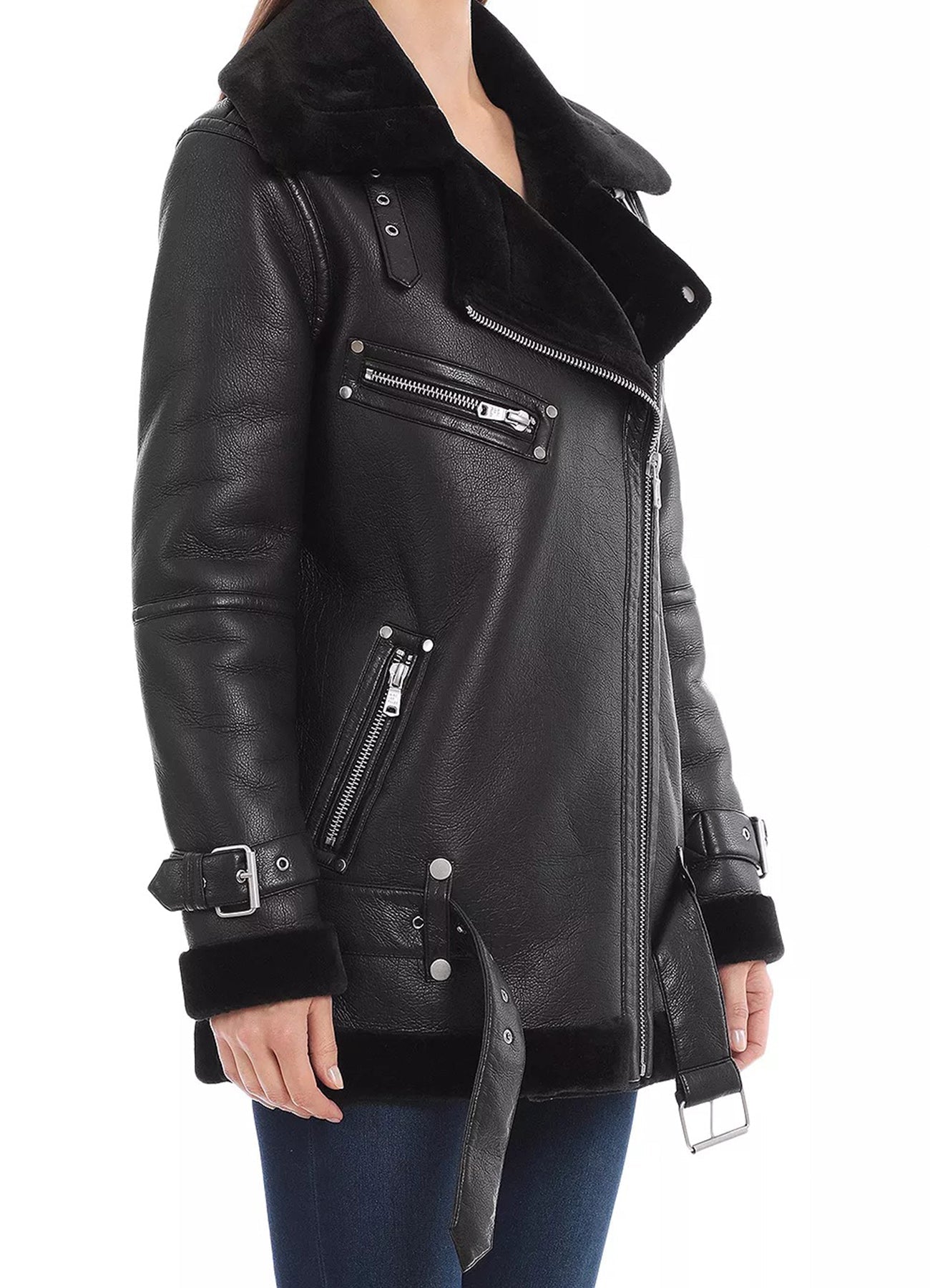 Womens Shine Black Shearling Leather Jacket