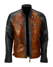 Mens Brown And Black Leather Quilting Vintage Biker Jacket 