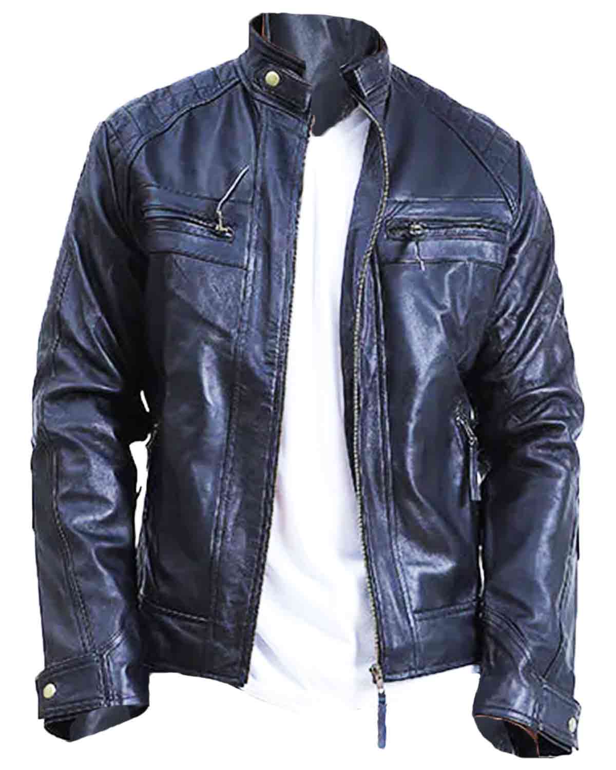 Men's Quilted Cafe Racer Biker Leather Jacket
