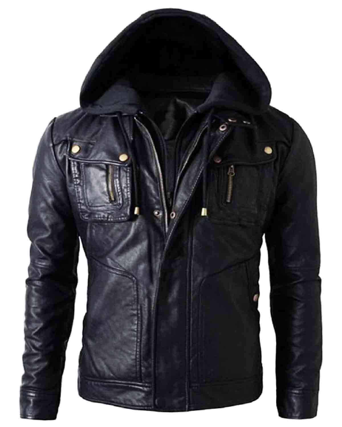 Brando Style Motorbike Leather Jacket Hoodie with Skull Embossed Logo at Back