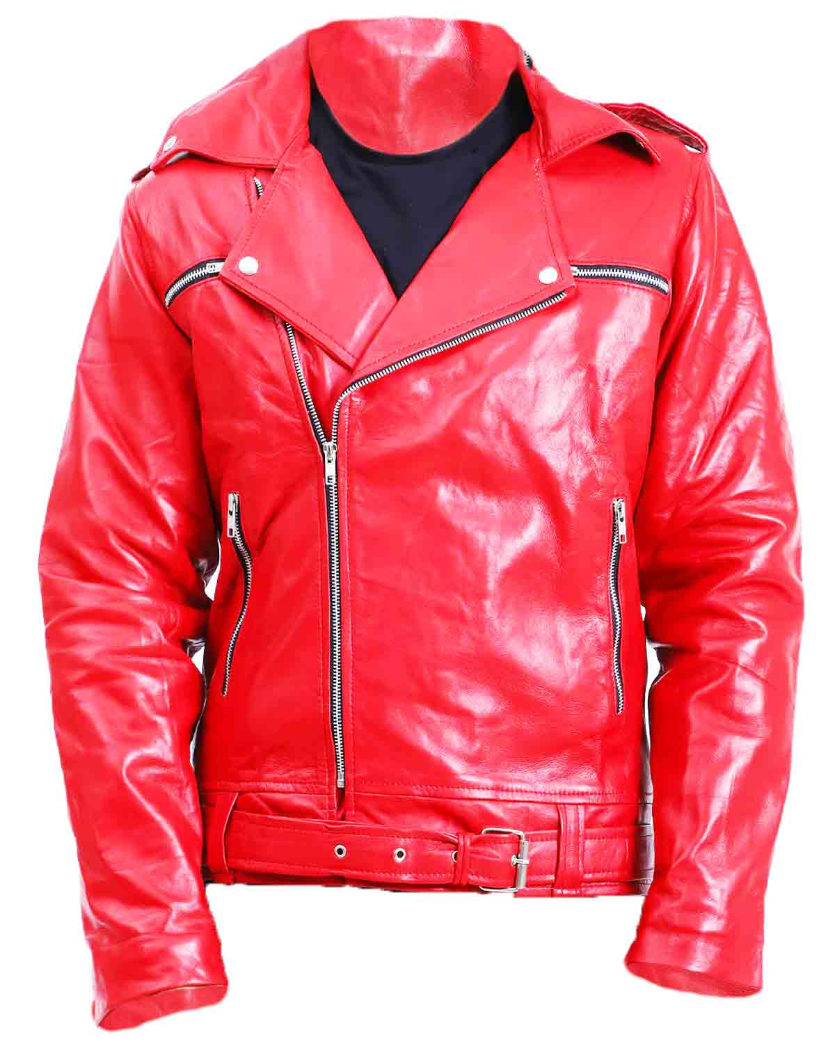 Mens Biker Negan Red Leather Jacket