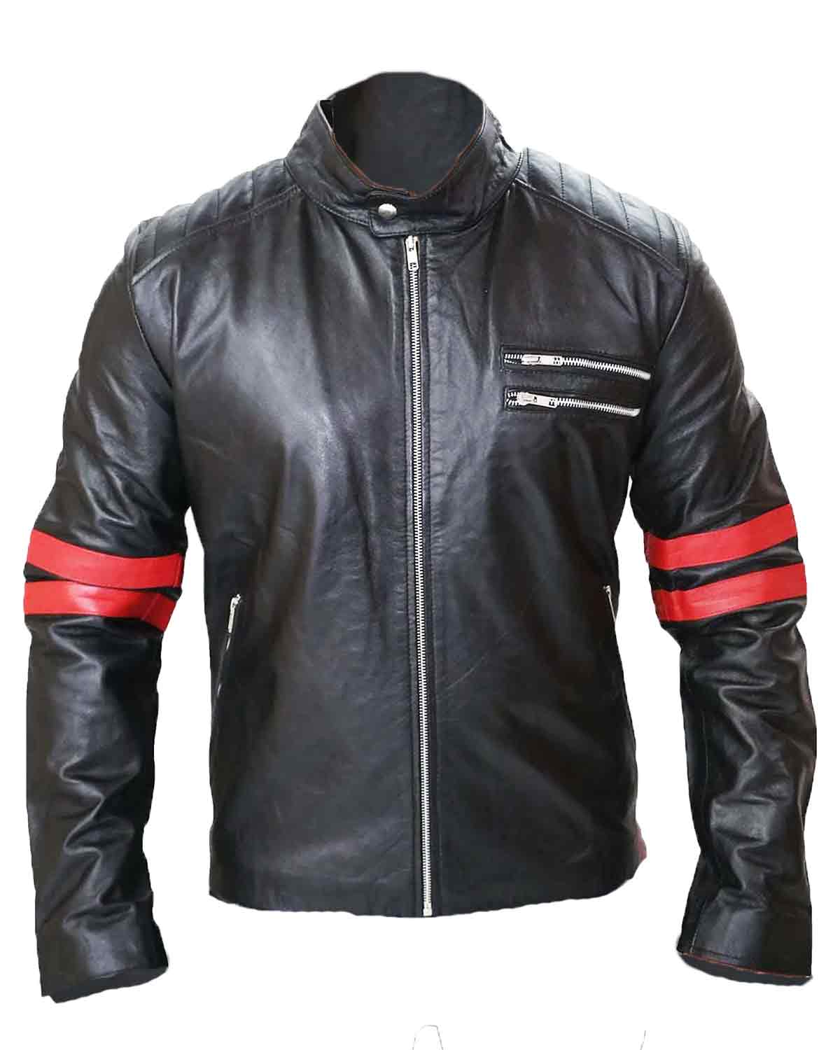 Men's Black Cafe Racer Red Strip Lambskin Leather Jacket