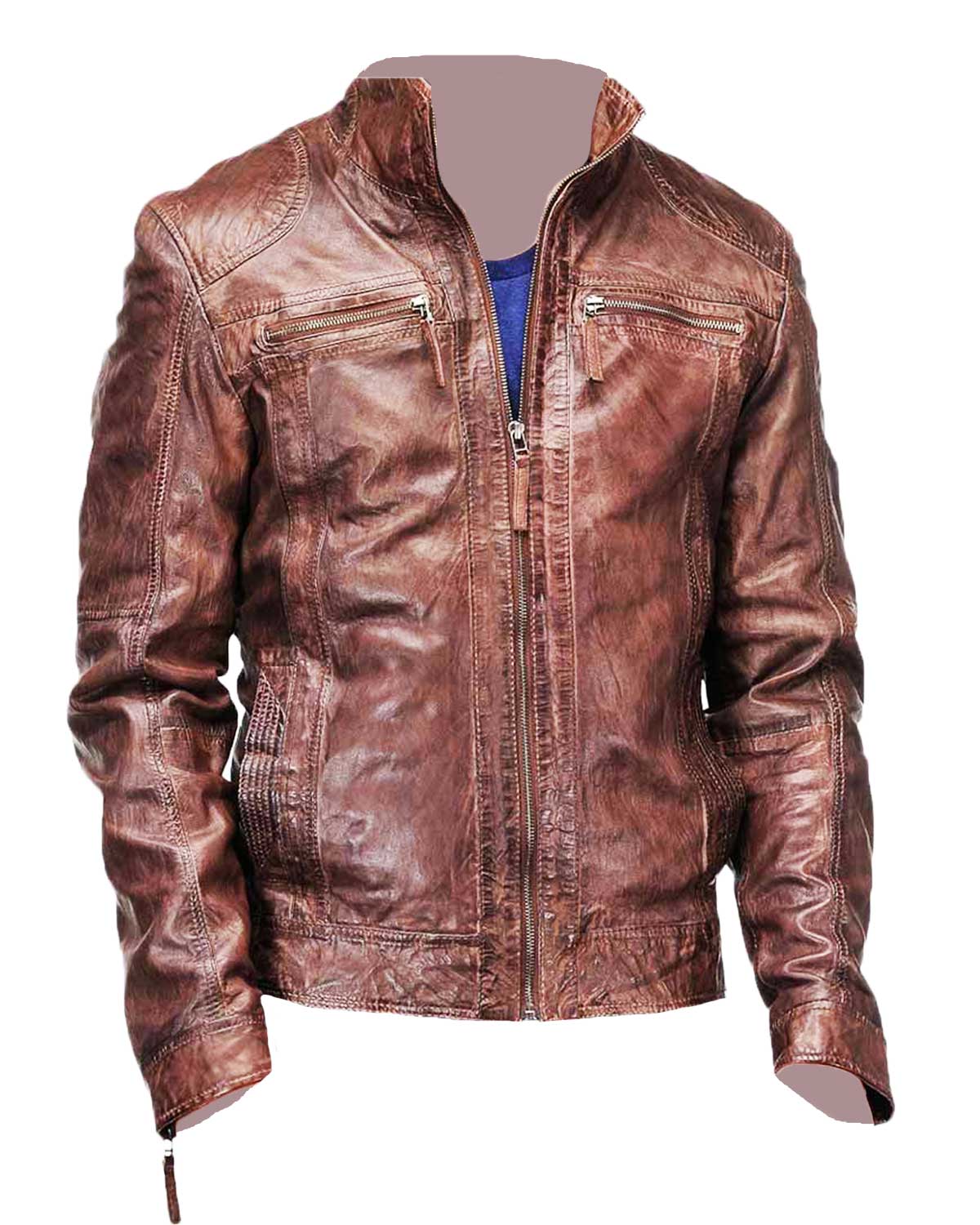 Mens Biker Coffee Brown Distressed Leather Jacket