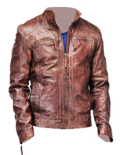 Mens Biker Coffee Brown Distressed Leather Jacket