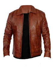 Men’s Shirt Collar Brown Racer Leather Jacket