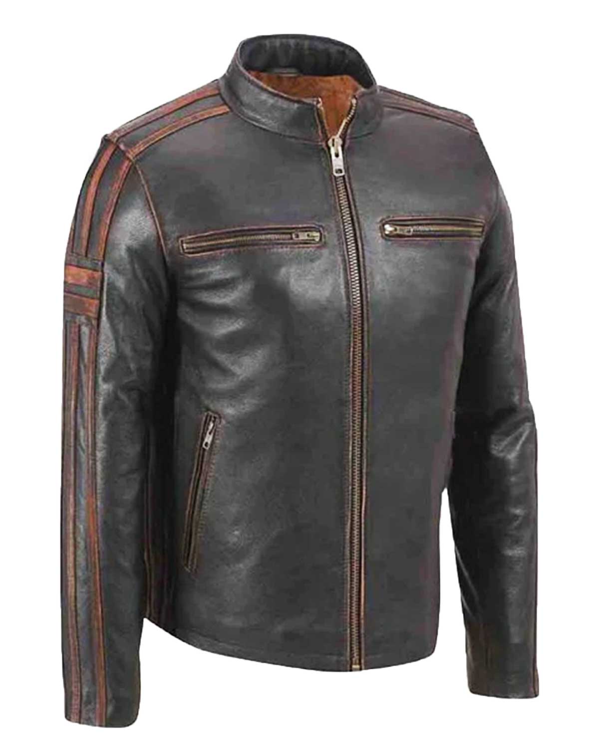 Men's Brown Stripe Café Racer Leather Jacket